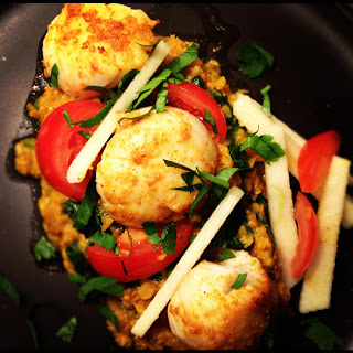 Curried scallops with coconut and coriander dahl and apple salad by Shaun Rankin