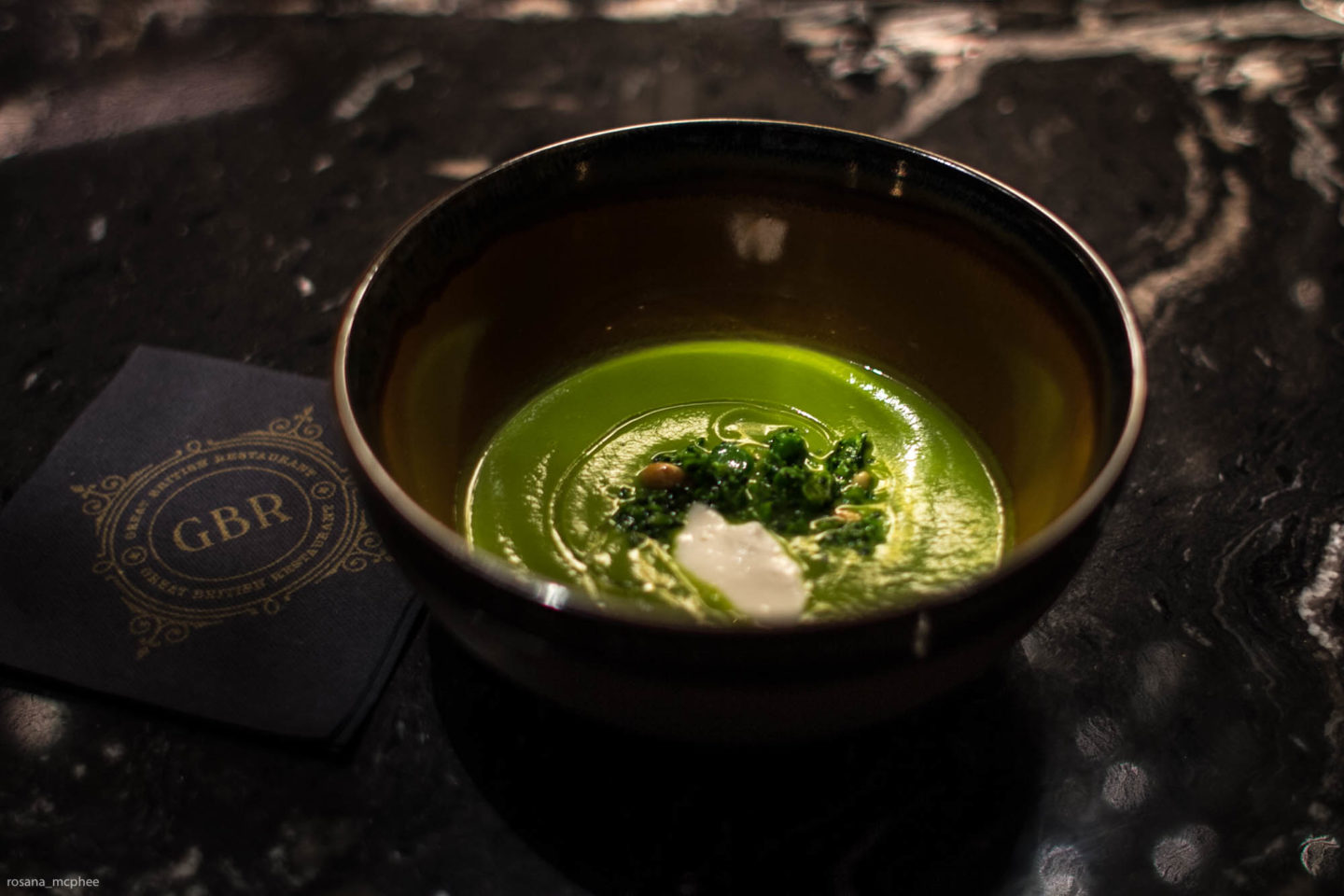  broccoli soup, goats curd and crunchy pine nuts.