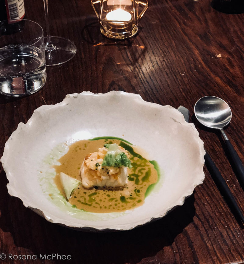 Cod, prawn, gem lettuce, Kikkoman soy sauce by Frog by Adam Handling