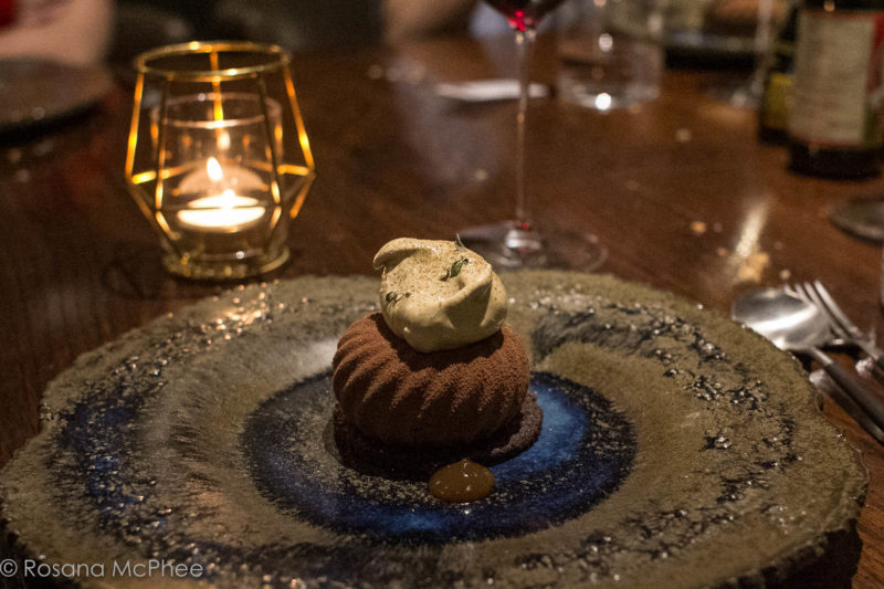 Light chocolate molten soy caramel cake topped with tofu mousse