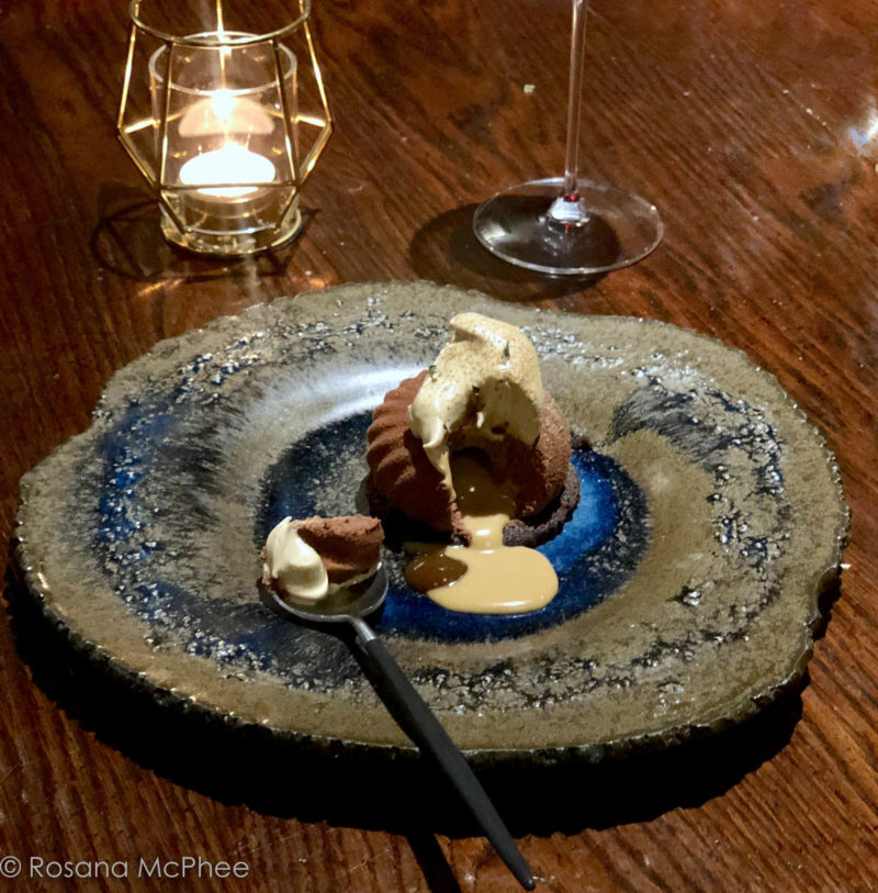 Light chocolate molten soy caramel cake topped with tofu mousse
