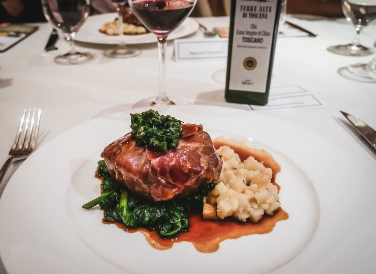 fillet of beef wrapped in Coppa di Parma with spinach, celeriac and salsa verde 