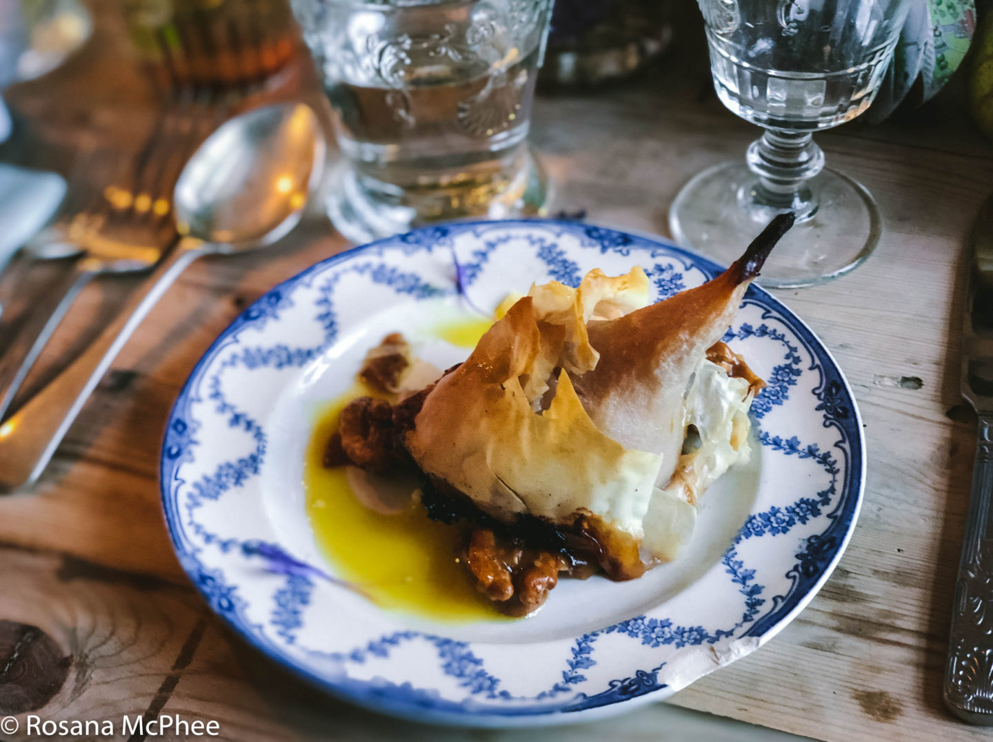 Pear in filo pastry with blue cheese  and caramelised walnuts